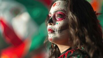 retrato do uma jovem mulher com Maquiagem do dia do a morto e mexicano bandeira foto