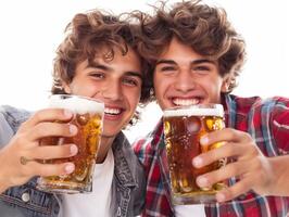 dois jovem amigos rindo e brindar com frio cervejas foto