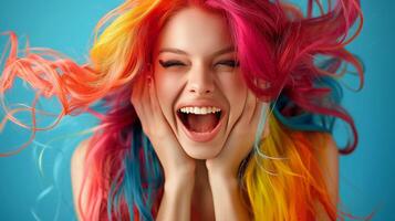 alegre jovem mulher com vibrante arco Iris colori cabelo foto