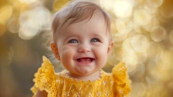 alegre bebê menina sorridente dentro uma amarelo vestir com bokeh fundo foto