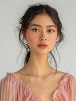 elegante retrato do uma jovem ásia mulher dentro suave Rosa vestuário foto