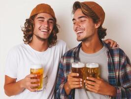 dois jovem amigos rindo e desfrutando frio cervejas juntos foto