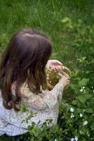 uma pequeno menina com grandes cabelo coleta flores dentro a Páscoa cesta foto