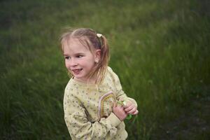 uma retrato do uma pequeno loiro menina dentro uma campo foto