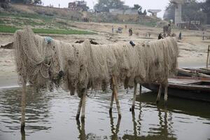 pescaria redes suspensão para seco, ganga rio, Varanasi, Índia foto