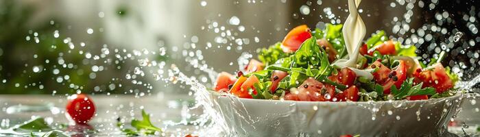 uma lindo salada com fresco legumes e uma luz vestindo. foto