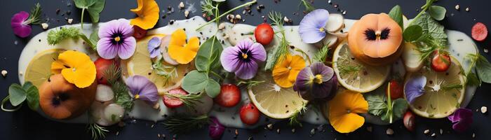 uma lindo ainda vida do colorida flores, frutas, e legumes arranjado em uma Sombrio fundo. foto