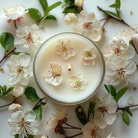 uma branco vela com cereja flores em uma branco fundo foto