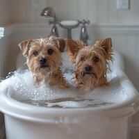 dois fofa cachorros levar uma banho dentro uma banheira cheio do espuma. foto