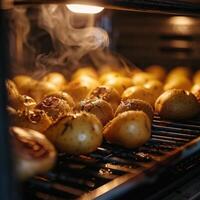 a batatas estão colocada em a grade. a forno é virou em e a batatas estão cozido até dourado Castanho. foto