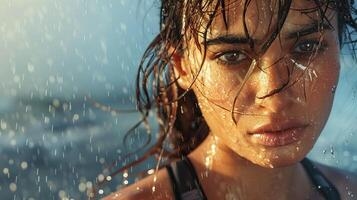 uma jovem mulher com molhado cabelo e uma determinado Veja em dela face é corrida através a chuva foto