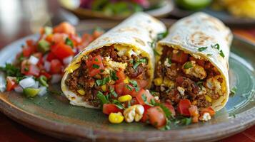 uma delicioso café da manhã burrito preenchidas com ovos, queijo, e seu escolha do carne ou legumes. foto