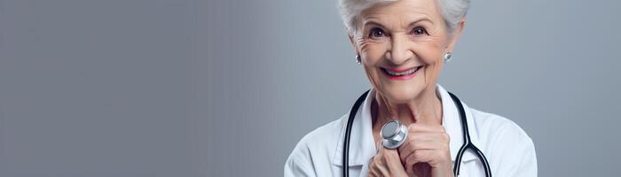 uma foto do uma confiante Senior fêmea médico sorridente às a Câmera com uma estetoscópio por aí dela pescoço.