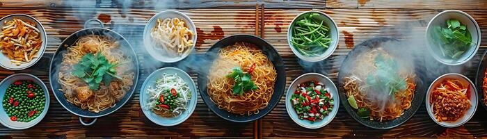 uma fechar-se topo Visão do uma mesa cheio do tailandês macarrão pratos, foco em a vapor e vibrante ingredientes, conjunto contra uma mudo, contemporâneo fundo, fornecendo uma largo, panorâmico spa foto