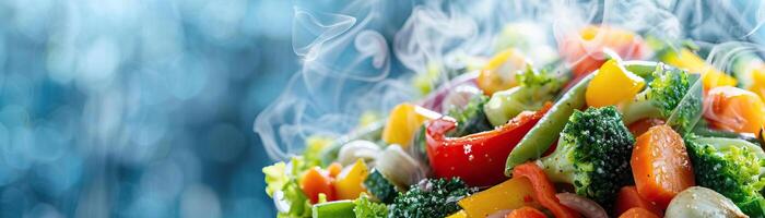 uma dinâmico ângulo capturando a preparação do uma saudável vegetal fritar, vibrante cores e vapor dentro foco, conjunto contra uma limpar, minimalista fundo, Largo espaço em a lado para foto