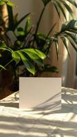 uma cumprimento cartão em uma mesa, simples branco sala, natureza vibrações para uma zombar acima foto