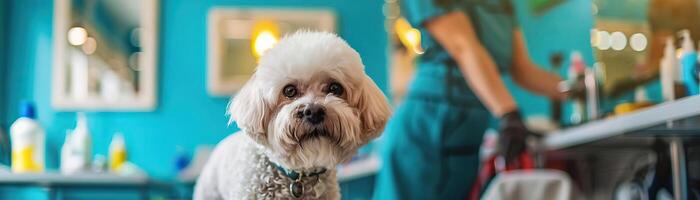 bichon frise às uma cachorro aliciamento salão, ser mimado de uma profissional aparador dentro uma limpar, bem equipado contexto, capturando a fofo cachorros aliciamento sessão foto