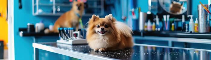 brilhante e animado comercial foto do uma spitz pomerânia ser preparado dentro uma animal salão, exibindo a tosadores habilidade e a salões acolhedor atmosfera