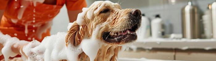 alegre dourado retriever ser banhado de uma especializado tosador, apresentando grande quantidade do espuma e uma limpar, moderno animal spa meio Ambiente foto