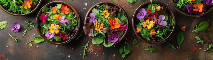 uma foco suave imagem exibindo uma espalhar do gourmet saladas com comestível flores e fresco ervas, conjunto contra uma esquentar, em tons de terra mesa, Largo negativo espaço para cópia de em 1 lado. foto