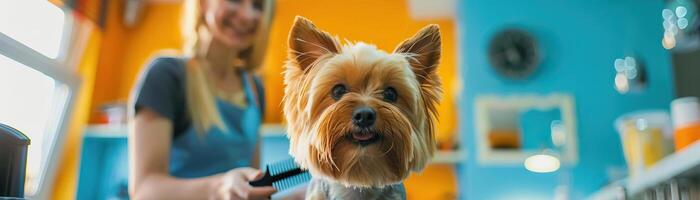 profissional aparador sorridente enquanto segurando uma pente e aliciamento uma fofa pequeno cachorro dentro uma brilhantemente aceso animal salão, destacando a atento Cuidado e limpeza foto