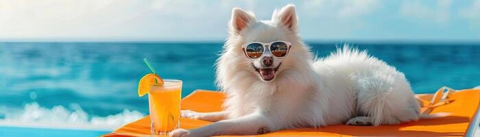 retrato branco spitz cachorro com oculos de sol em Sol espreguiçadeira com coquetel em de praia foto