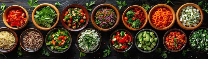 uma vibrante a sobrecarga tiro do uma rústico de madeira mesa preenchidas com taças do colorida saladas Incluindo César, grego, e uma Quinoa vegetal misturar, amplo espaço em a certo para texto. foto