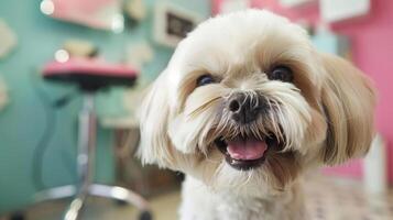 cachorro asseio, feliz cachorro, obtendo mimado, dentro uma profissional cachorro aliciamento salão foto