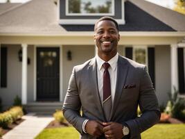 africano americano real Estado agente carrinhos orgulhosamente lado de fora uma moderno casa foto