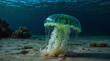 debaixo água mundo. lindo verde azul néon medusa nadar. cópia de texto foto