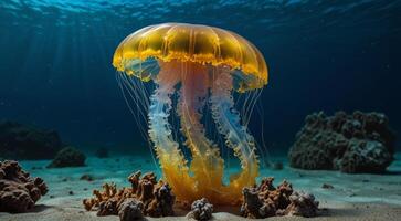 1 grande lindo amarelo azul néon medusa nadar debaixo água foto