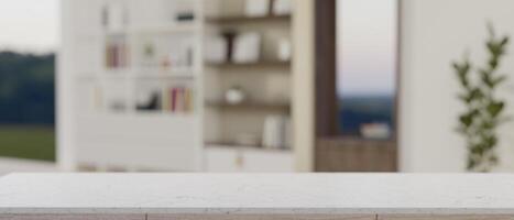 uma branco mármore de mesa com esvaziar espaço com uma borrado fundo do uma moderno branco vivo sala. foto