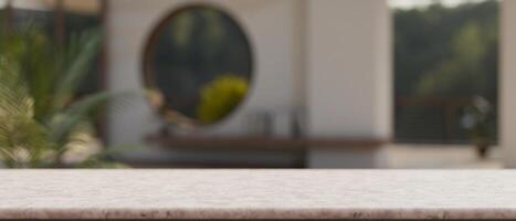 branco mármore de mesa com esvaziar espaço com uma borrado fundo do uma acolhedor zen japonês vivo sala. foto