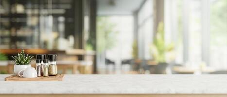 uma luxo branco mármore de mesa com uma cópia de espaço dentro uma moderno café fazer compras ou restaurante. foto