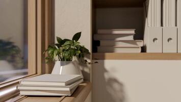 uma de madeira janela peitoril ou janela borda com uma em vaso plantar e livros dentro uma minimalista vivo sala. foto