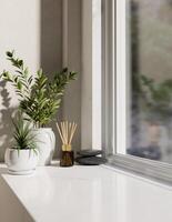 uma espaço para exibindo produtos em uma branco console mesa características em vaso plantas contra a janela. foto