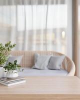 uma de madeira café mesa, apresentando livros e em vaso plantas dentro uma lindo, confortável vivo sala. foto