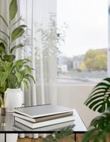 livros em uma café mesa cercado de plantas de interior dentro uma contemporâneo minimalista vivo sala. foto