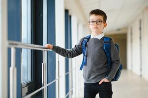 estudante com o saco da escola e livros dentro a escola. Educação conceito. costas para escola. aluno indo para aula. à moda Garoto com mochila. Garoto pronto para estude foto