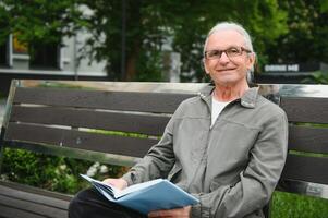 velho homem com cinzento cabelo lê uma livro em uma Banco dentro a parque. descansar dentro a parque. foto