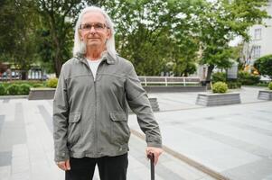 retrato do Senior homem segurando caminhando bastão enquanto em repouso dentro parque. foto