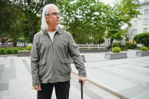 retrato do Senior homem segurando caminhando bastão enquanto em repouso dentro parque. foto