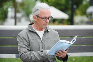 velho homem com cinzento cabelo lê uma livro em uma Banco dentro a parque. descansar dentro a parque. foto