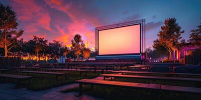 em branco branco tela ao ar livre dentro verde Relva parque. ao ar livre cinema, grande tela mostrar. foto