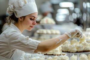fêmea pasteleiro trabalhando dentro supermercado . foto