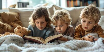 fofa crianças lendo uma livro e sorridente enquanto sentado em uma sofá dentro a sala. foto