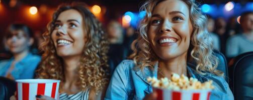 dois mulheres assistindo filme dentro cinema, comendo Pipoca. foto