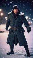 foto do adulto eslavo homem Como espião agente em pé posando para cenário às inverno noite,