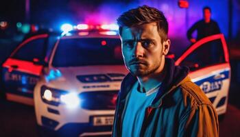 foto do retrato fechar acima Visão do Criminoso suspeito dentro crime cena em pé dentro frente do polícia carro às noite e vermelho azul luz,