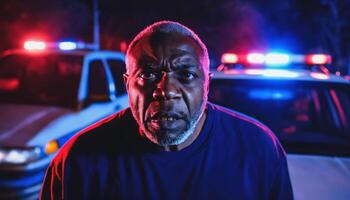 foto do retrato fechar acima Visão do Criminoso suspeito dentro crime cena em pé dentro frente do polícia carro às noite e vermelho azul luz,